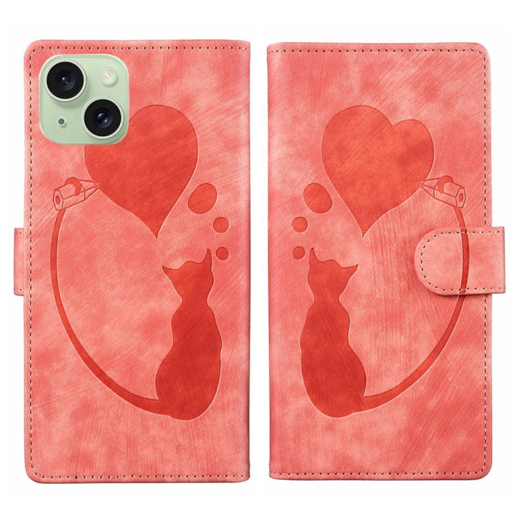 Pen Heart Cat Embossed Leather Phone Case, For iPhone 15 Pro Max, For iPhone 15 Pro, For iPhone 15 Plus, For iPhone 15