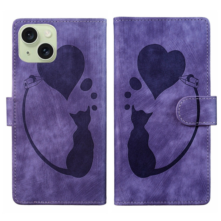 Pen Heart Cat Embossed Leather Phone Case, For iPhone 15 Pro Max, For iPhone 15 Pro, For iPhone 15 Plus, For iPhone 15