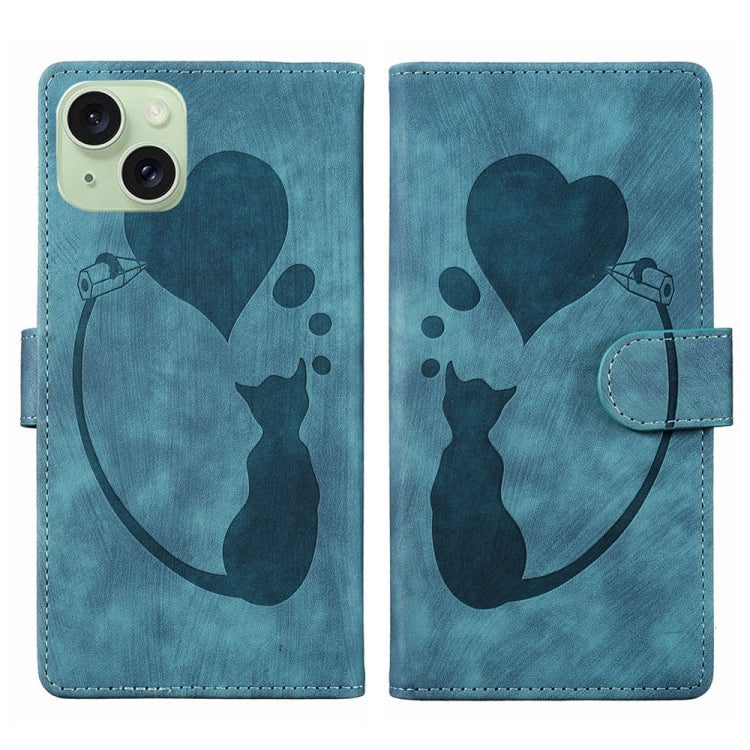 Pen Heart Cat Embossed Leather Phone Case, For iPhone 15 Pro Max, For iPhone 15 Pro, For iPhone 15 Plus, For iPhone 15