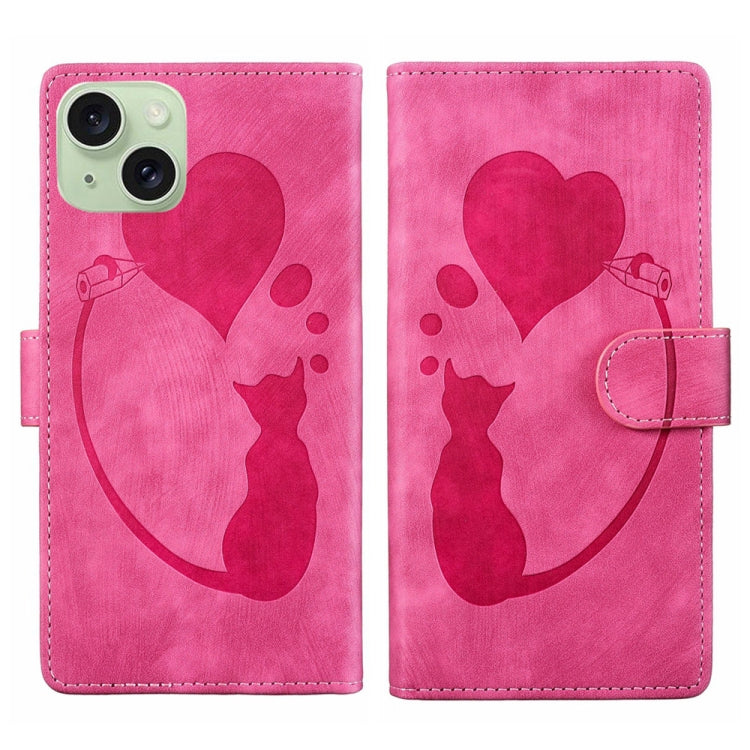 Pen Heart Cat Embossed Leather Phone Case, For iPhone 15 Pro Max, For iPhone 15 Pro, For iPhone 15 Plus, For iPhone 15