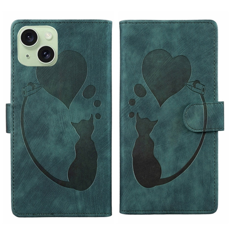 Pen Heart Cat Embossed Leather Phone Case, For iPhone 15 Pro Max, For iPhone 15 Pro, For iPhone 15 Plus, For iPhone 15