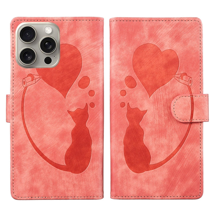 Pen Heart Cat Embossed Leather Phone Case, For iPhone 14 Plus, For iPhone 14, For iPhone 14 Pro, For iPhone 14 Pro Max