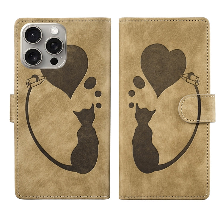 Pen Heart Cat Embossed Leather Phone Case, For iPhone 14 Plus, For iPhone 14, For iPhone 14 Pro, For iPhone 14 Pro Max