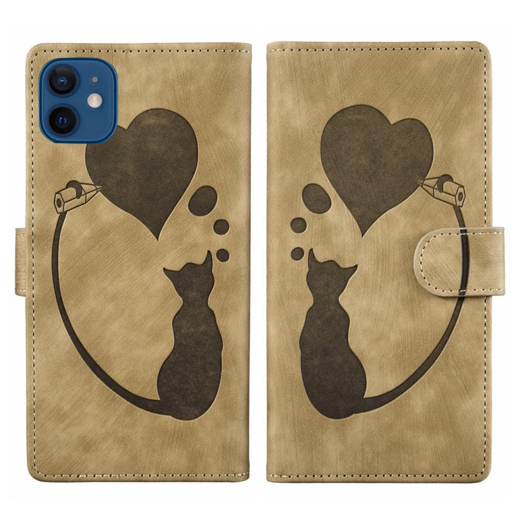 Pen Heart Cat Embossed Leather Phone Case, For iPhone 13 mini, For iPhone 12, For iPhone 12 Pro Max, For iPhone 12 Pro