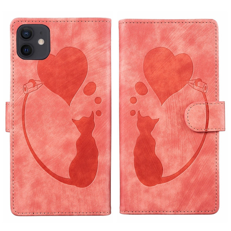 Pen Heart Cat Embossed Leather Phone Case, For iPhone 12 mini, For iPhone 11 Pro Max, For iPhone 11, For iPhone 11 Pro
