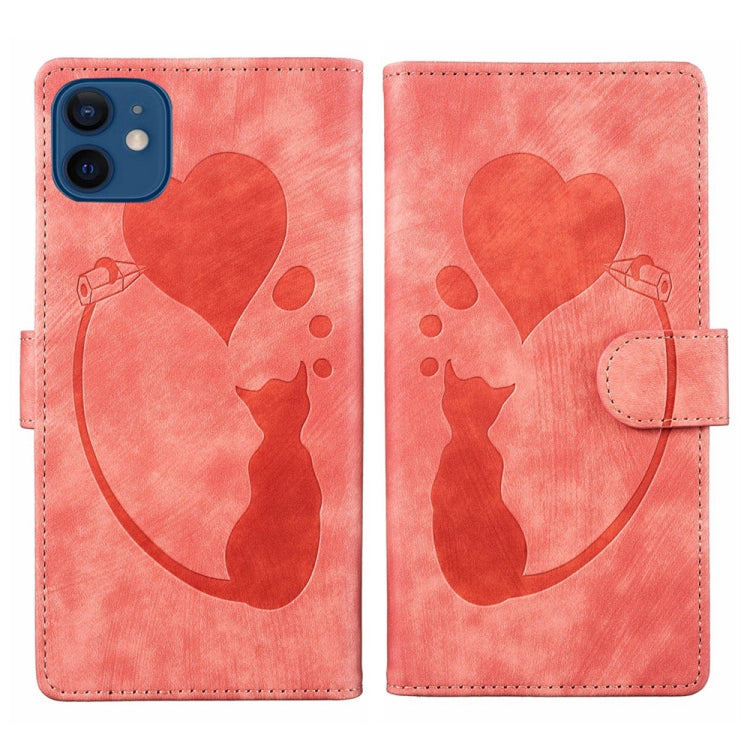 Pen Heart Cat Embossed Leather Phone Case, For iPhone 12 mini, For iPhone 11 Pro Max, For iPhone 11, For iPhone 11 Pro