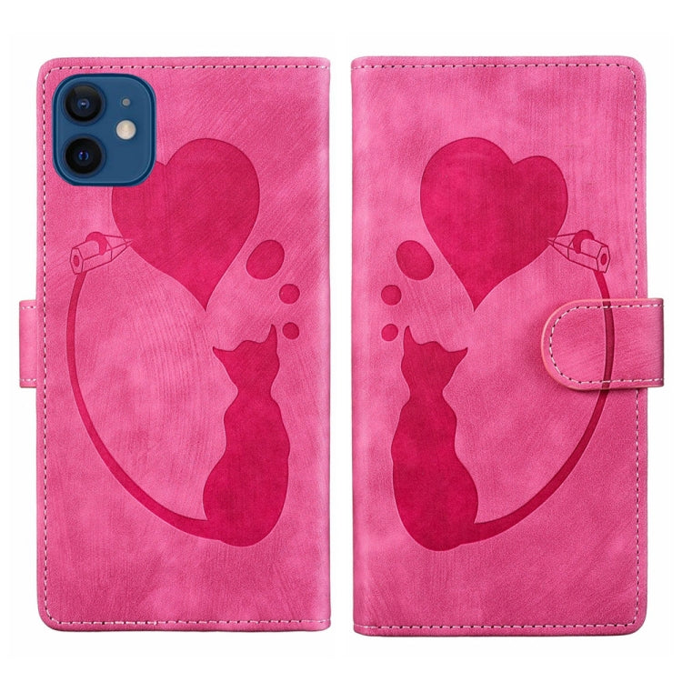 Pen Heart Cat Embossed Leather Phone Case, For iPhone 12 mini, For iPhone 11 Pro Max, For iPhone 11, For iPhone 11 Pro
