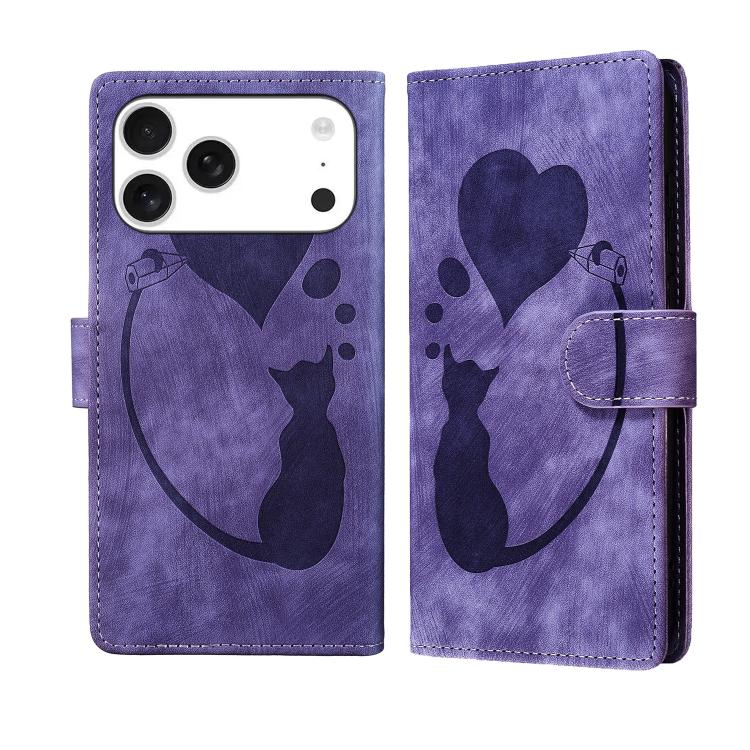 Pen Heart Cat Embossed Leather Phone Case, For iPhone 17 Pro Max, For iPhone 17 Pro, For iPhone 17, For iPhone 17 Air