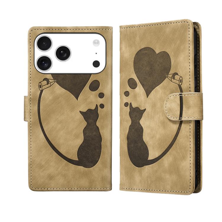 Pen Heart Cat Embossed Leather Phone Case, For iPhone 17 Pro Max, For iPhone 17 Pro, For iPhone 17, For iPhone 17 Air