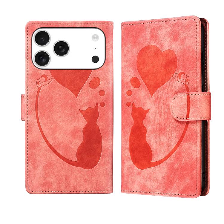 Pen Heart Cat Embossed Leather Phone Case, For iPhone 17 Pro Max, For iPhone 17 Pro, For iPhone 17, For iPhone 17 Air
