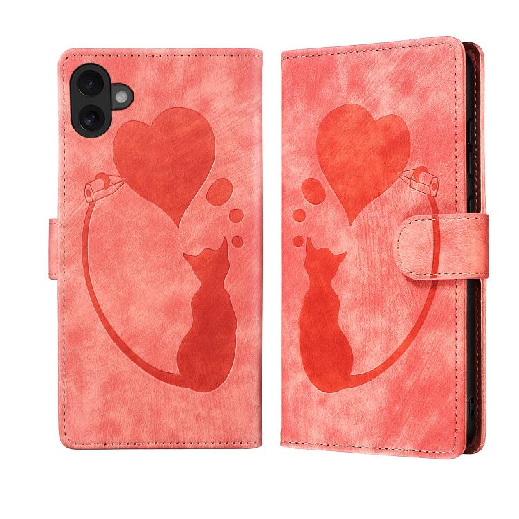 Pen Heart Cat Embossed Leather Phone Case, For iPhone 17 Pro Max, For iPhone 17 Pro, For iPhone 17, For iPhone 17 Air