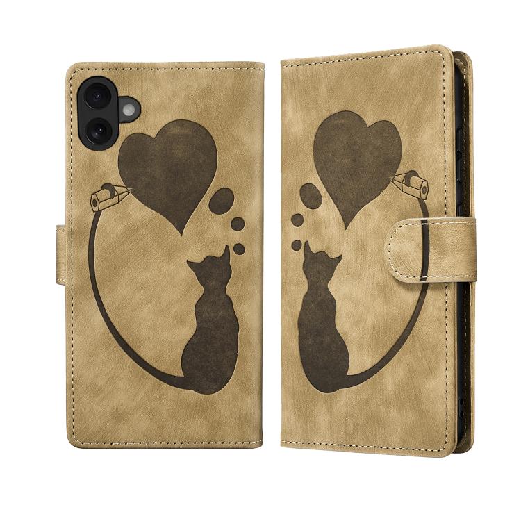 Pen Heart Cat Embossed Leather Phone Case, For iPhone 17 Pro Max, For iPhone 17 Pro, For iPhone 17, For iPhone 17 Air