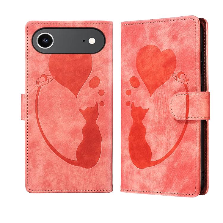 Pen Heart Cat Embossed Leather Phone Case, For iPhone 17 Pro Max, For iPhone 17 Pro, For iPhone 17, For iPhone 17 Air
