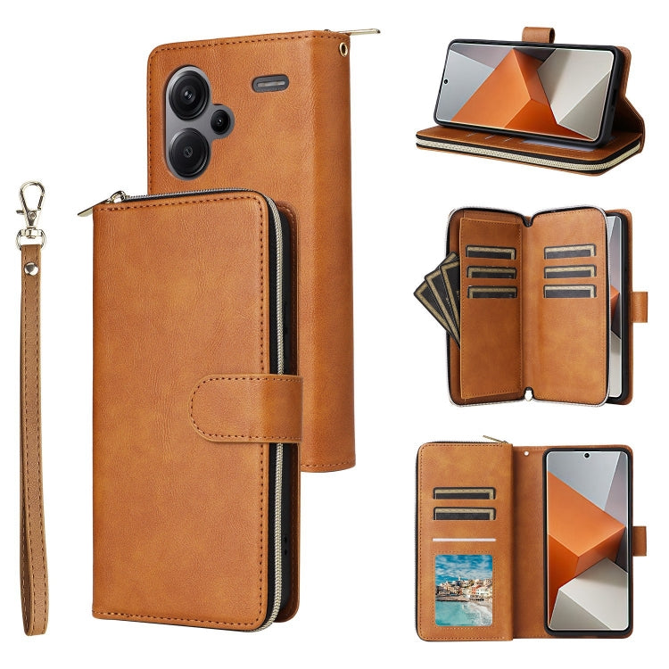 9-Card Slots Zipper Wallet Bag Leather Phone Case, For Redmi Note 13 4G, For Redmi Note 13 5G Global, For Redmi Note 13 Pro+, For Redmi Note 12 4G Global
