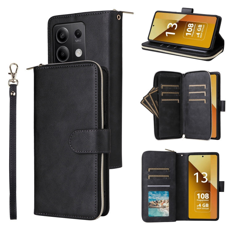 9-Card Slots Zipper Wallet Bag Leather Phone Case, For Redmi Note 13 Pro 4G / 14S 4G Global, For Redmi Note 13 4G, For Redmi Note 13 Pro 5G / Poco X6 5G, For Redmi Note 13 5G Global