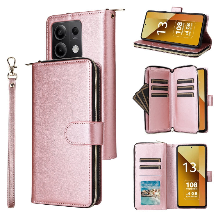 9-Card Slots Zipper Wallet Bag Leather Phone Case, For Redmi Note 13 Pro 4G / 14S 4G Global, For Redmi Note 13 4G, For Redmi Note 13 Pro 5G / Poco X6 5G, For Redmi Note 13 5G Global