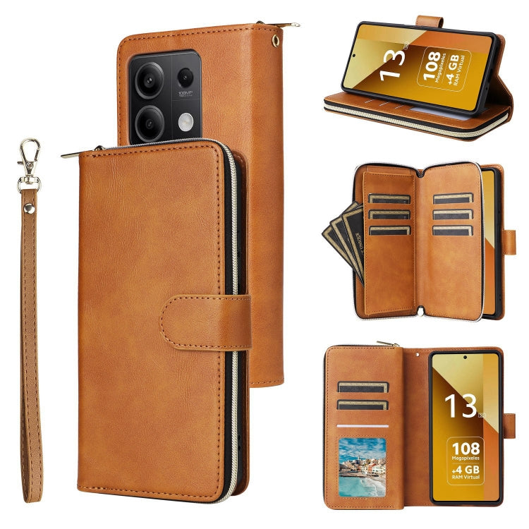 9-Card Slots Zipper Wallet Bag Leather Phone Case, For Redmi Note 13 Pro 4G / 14S 4G Global, For Redmi Note 13 4G, For Redmi Note 13 Pro 5G / Poco X6 5G, For Redmi Note 13 5G Global