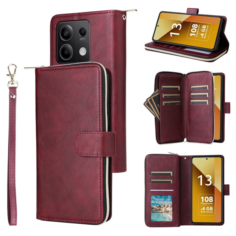 9-Card Slots Zipper Wallet Bag Leather Phone Case, For Redmi Note 13 4G, For Redmi Note 13 5G Global, For Redmi Note 13 Pro+, For Redmi Note 12 4G Global