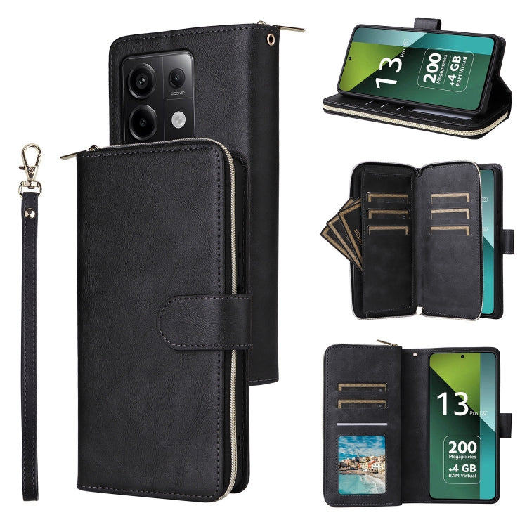 9-Card Slots Zipper Wallet Bag Leather Phone Case, For Redmi Note 13 Pro 4G / 14S 4G Global, For Redmi Note 13 4G, For Redmi Note 13 Pro 5G / Poco X6 5G, For Redmi Note 13 5G Global