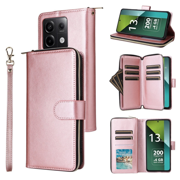 9-Card Slots Zipper Wallet Bag Leather Phone Case, For Redmi Note 13 Pro 4G / 14S 4G Global, For Redmi Note 13 4G, For Redmi Note 13 Pro 5G / Poco X6 5G, For Redmi Note 13 5G Global