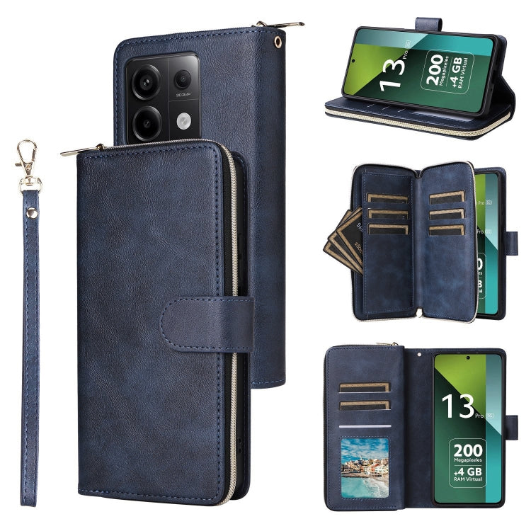 9-Card Slots Zipper Wallet Bag Leather Phone Case, For Redmi Note 13 Pro 4G / 14S 4G Global, For Redmi Note 13 4G, For Redmi Note 13 Pro 5G / Poco X6 5G, For Redmi Note 13 5G Global