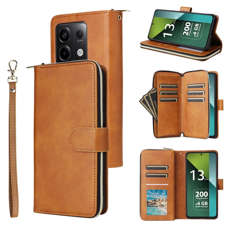 9-Card Slots Zipper Wallet Bag Leather Phone Case, For Redmi Note 13 Pro 4G / 14S 4G Global, For Redmi Note 13 4G, For Redmi Note 13 Pro 5G / Poco X6 5G, For Redmi Note 13 5G Global