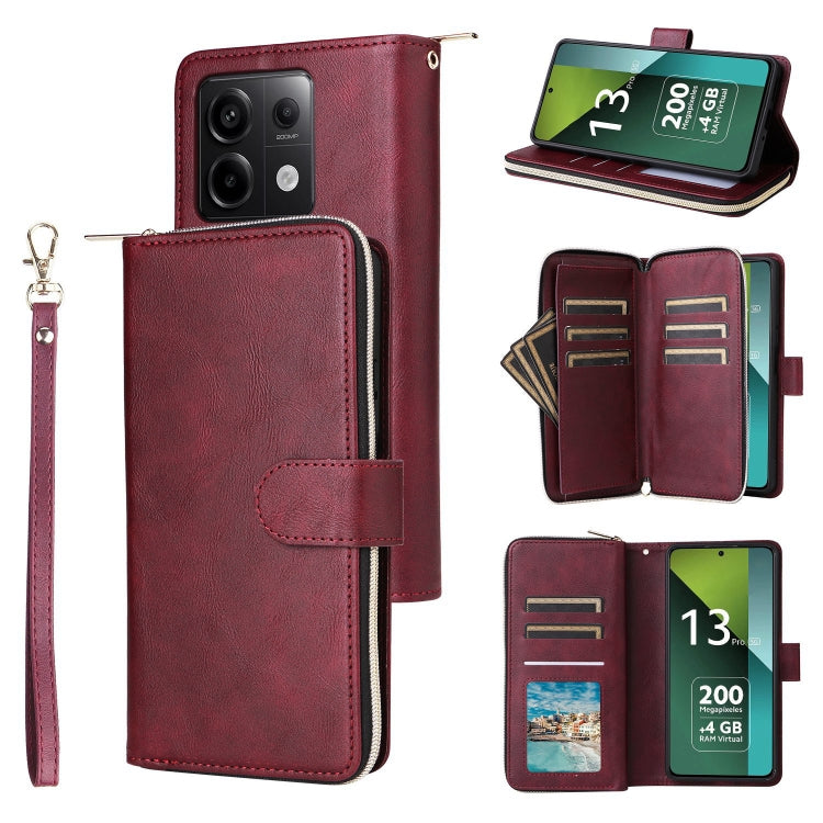 9-Card Slots Zipper Wallet Bag Leather Phone Case, For Redmi Note 13 Pro 4G / 14S 4G Global, For Redmi Note 13 4G, For Redmi Note 13 Pro 5G / Poco X6 5G, For Redmi Note 13 5G Global