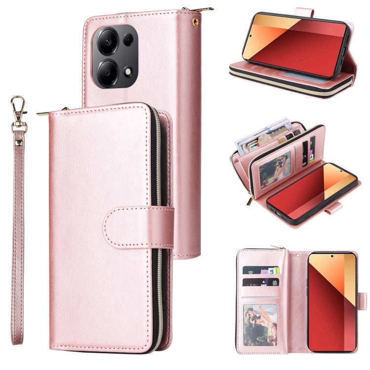 9-Card Slots Zipper Wallet Bag Leather Phone Case, For Redmi Note 13 Pro 4G / 14S 4G Global, For Redmi Note 13 4G, For Redmi Note 13 Pro 5G / Poco X6 5G, For Redmi Note 13 5G Global