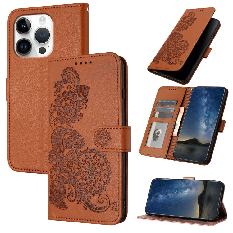 Datura Flower Embossed Flip Leather Phone Case, For iPhone 16 Pro, For iPhone 16 Plus, For iPhone 16
