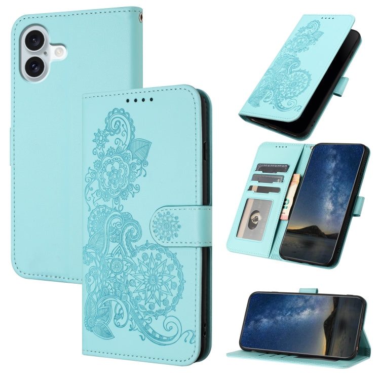 Datura Flower Embossed Flip Leather Phone Case, For iPhone 16 Pro, For iPhone 16 Plus, For iPhone 16