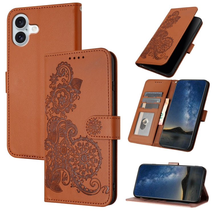 Datura Flower Embossed Flip Leather Phone Case, For iPhone 16 Pro, For iPhone 16 Plus, For iPhone 16