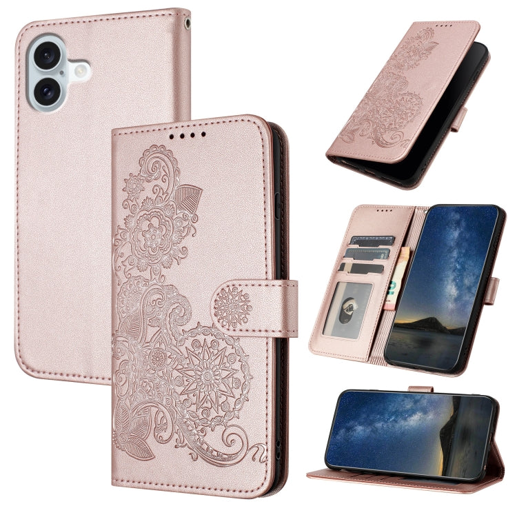 Datura Flower Embossed Flip Leather Phone Case, For iPhone 16 Pro, For iPhone 16 Plus, For iPhone 16
