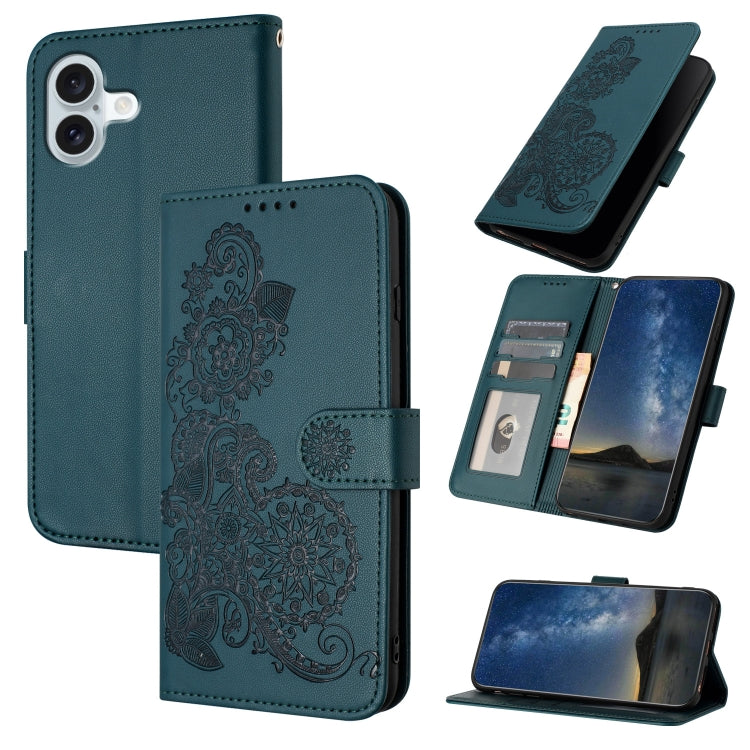 Datura Flower Embossed Flip Leather Phone Case, For iPhone 16 Pro, For iPhone 16 Plus, For iPhone 16