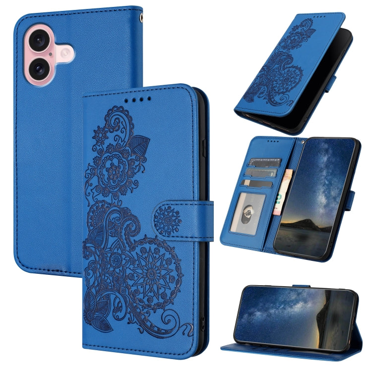 Datura Flower Embossed Flip Leather Phone Case, For iPhone 16 Pro, For iPhone 16 Plus, For iPhone 16