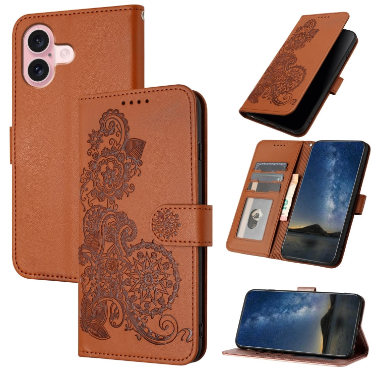 Datura Flower Embossed Flip Leather Phone Case, For iPhone 16 Pro, For iPhone 16 Plus, For iPhone 16