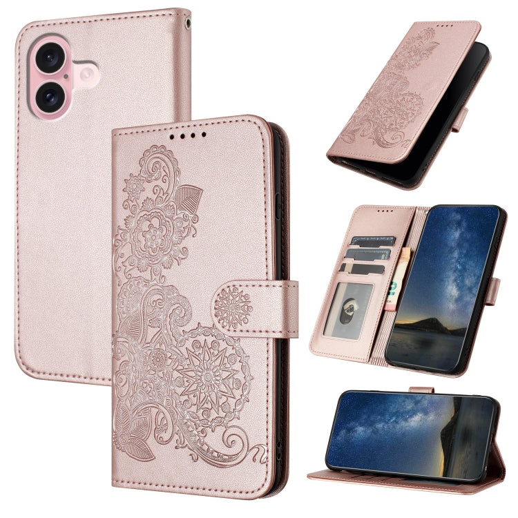 Datura Flower Embossed Flip Leather Phone Case, For iPhone 16 Pro, For iPhone 16 Plus, For iPhone 16