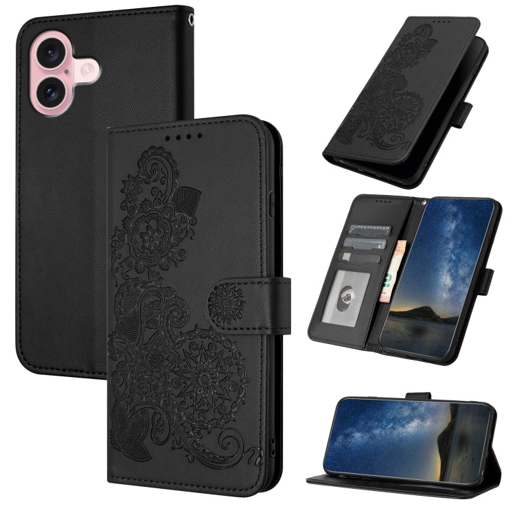Datura Flower Embossed Flip Leather Phone Case, For iPhone 16 Pro, For iPhone 16 Plus, For iPhone 16