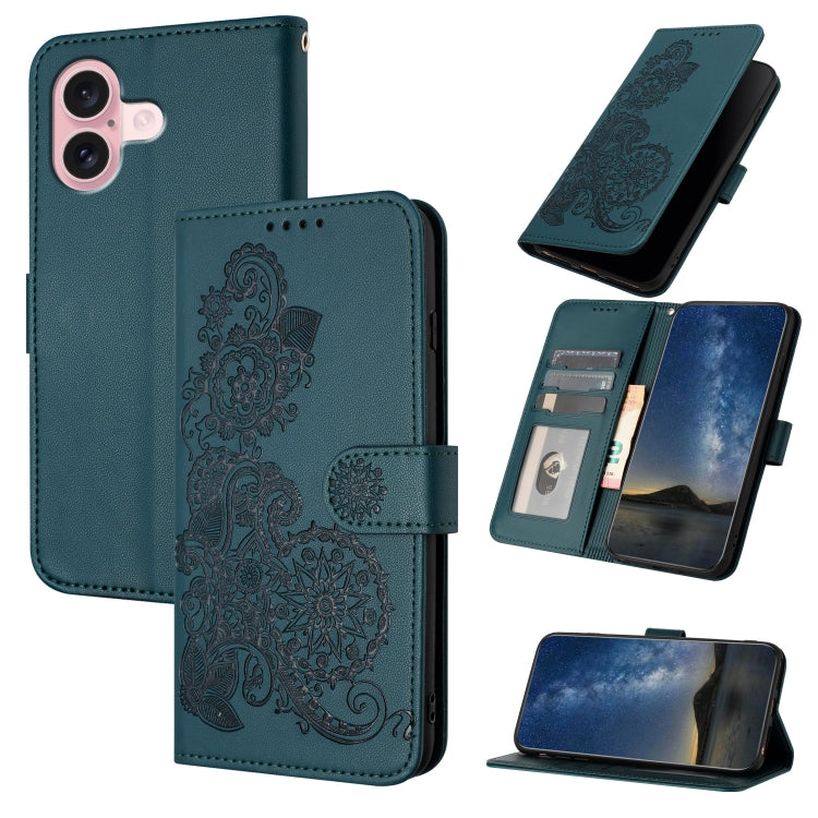 Datura Flower Embossed Flip Leather Phone Case, For iPhone 16 Pro, For iPhone 16 Plus, For iPhone 16