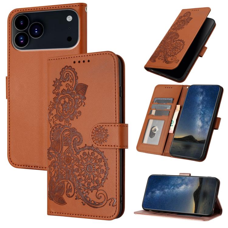 Datura Flower Embossed Flip Leather Phone Case, For iPhone 17 Pro Max, For iPhone 17 Pro, For iPhone 17