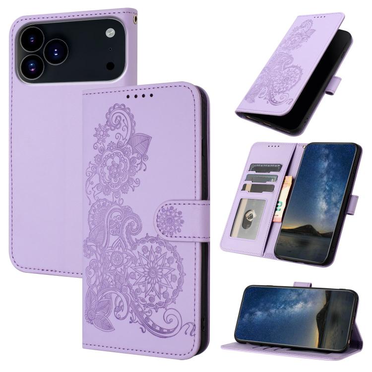 Datura Flower Embossed Flip Leather Phone Case, For iPhone 17e / 16e, For iPhone 17 Pro Max, For iPhone 17 Pro