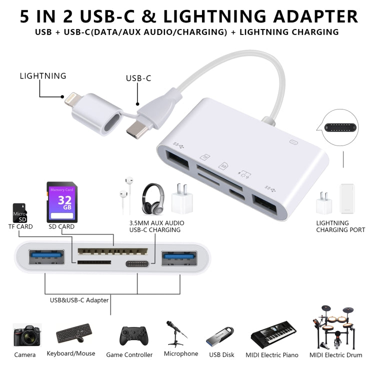 AJ-108PRO 6 in 2 USB-C / Type-C + 8 Pin Interface Multi-function Camera Card Reader, 6 in 2 Type-C + 8 Pin
