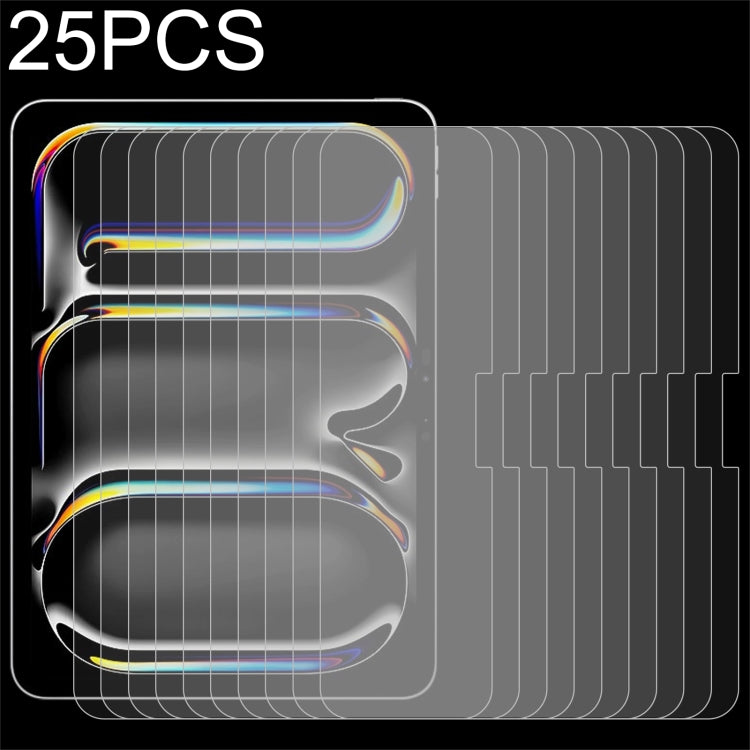 Lot de 25 films en verre trempé antidéflagrant 9H 2.5D (0,26 mm) pour iPad Air 11 (2025/2024), iPad Air 13 (2025/2024), iPad Pro 13 (2024), iPad Pro 11 (2024) et iPad Pro 12.9 (2022-2018).