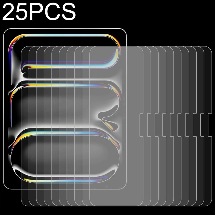 Lot de 25 films en verre trempé antidéflagrant 9H 2.5D (0,26 mm) pour iPad Air 11 (2025/2024), iPad Air 13 (2025/2024), iPad Pro 13 (2024), iPad Pro 11 (2024) et iPad Pro 12.9 (2022-2018).