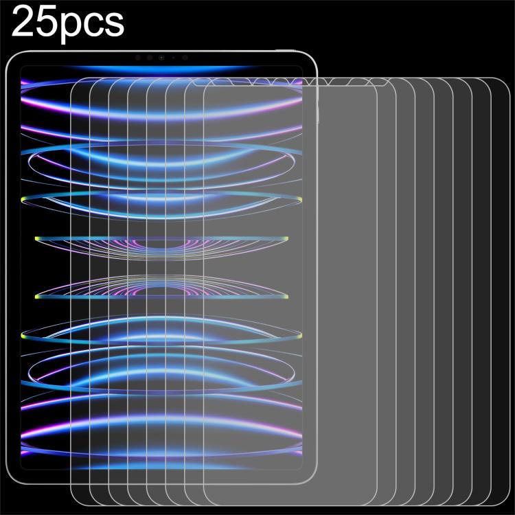 Lot de 25 films en verre trempé antidéflagrant 9H 2.5D (0,26 mm) pour iPad Air 11 (2025/2024), iPad Air 13 (2025/2024), iPad Pro 13 (2024), iPad Pro 11 (2024) et iPad Pro 12.9 (2022-2018).