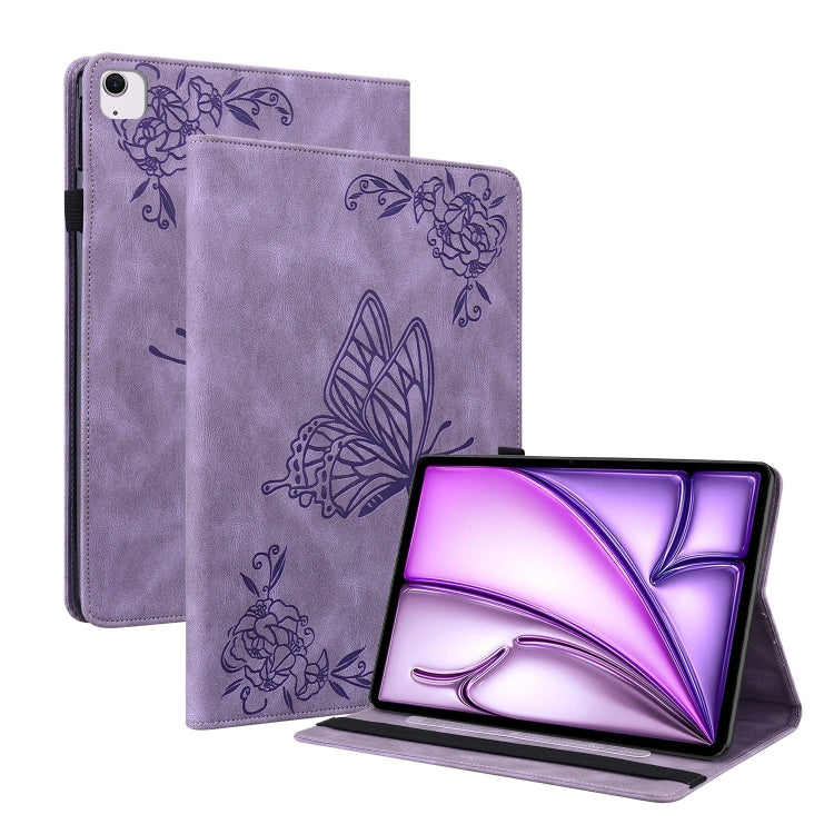 Étui en cuir gaufré motif papillon et fleur pour iPad Air 11 (2024) et iPad Pro 11 (2024).