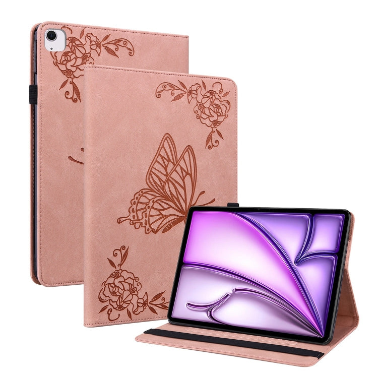 Étui en cuir gaufré motif papillon et fleur pour iPad Air 11 (2024) et iPad Pro 11 (2024).