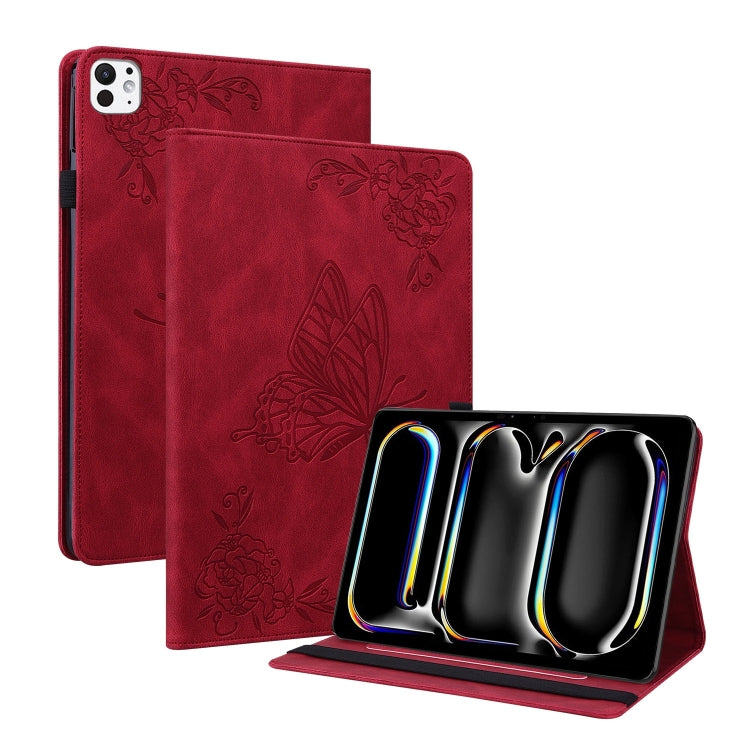 Étui en cuir gaufré motif papillon et fleur pour iPad Air 11 (2024) et iPad Pro 11 (2024).