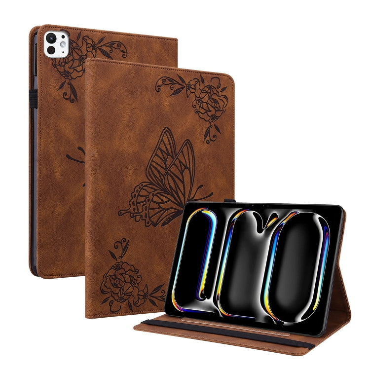 Étui en cuir gaufré motif papillon et fleur pour iPad Air 11 (2024) et iPad Pro 11 (2024).