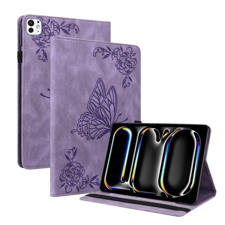 Étui en cuir gaufré motif papillon et fleur pour iPad Air 11 (2024) et iPad Pro 11 (2024).