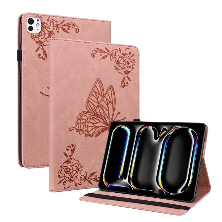 Étui en cuir gaufré motif papillon et fleur pour iPad Air 11 (2024) et iPad Pro 11 (2024).